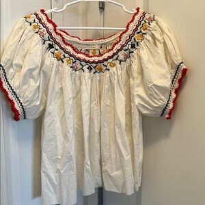 Doen Cream Blouse with Red and Yellow Embroidery